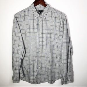 Casual Button-Down Plaid Shirt - Light Gray with Blue Windowpane